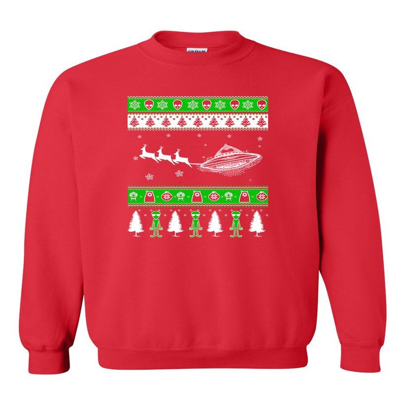 Alien UFO Spaceship Reindeer Ugly Christmas Xmas Funny DT Novelty Crewneck Sweatshirt (Medium, Red)