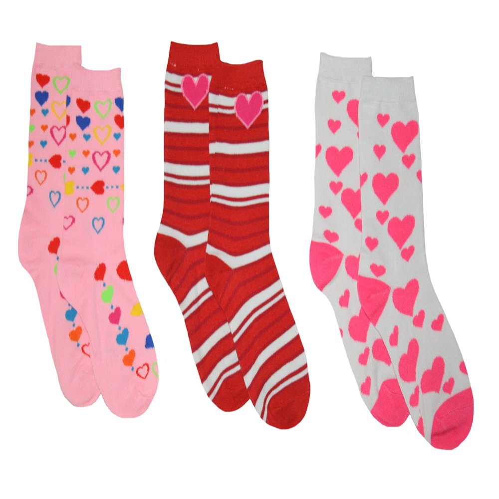 BAKK Enterprise Womens' Valentine Crew Socks 3 Pair (Hearts & Stripes)