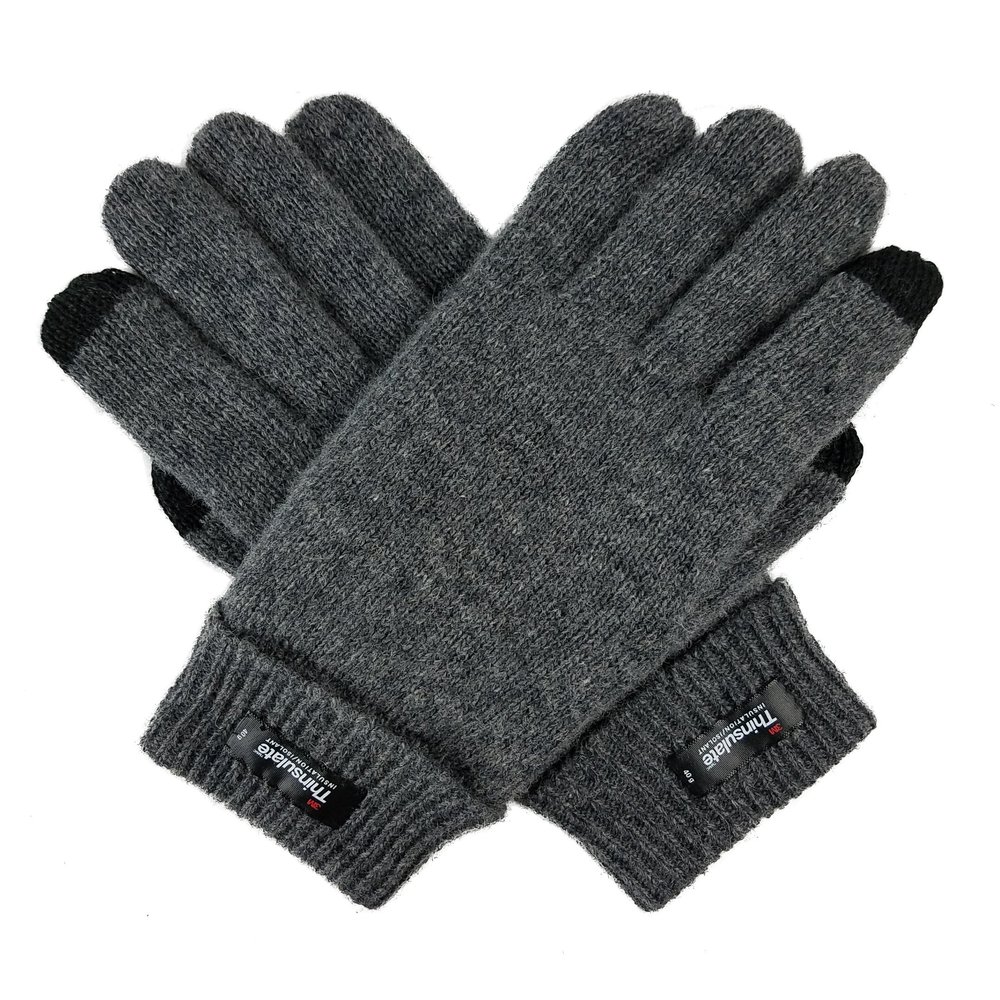 BRUCERIVER Men Pure Wool Knitted Gloves with Thinsulate Lining Size S/M (Grey Touchscreen)
