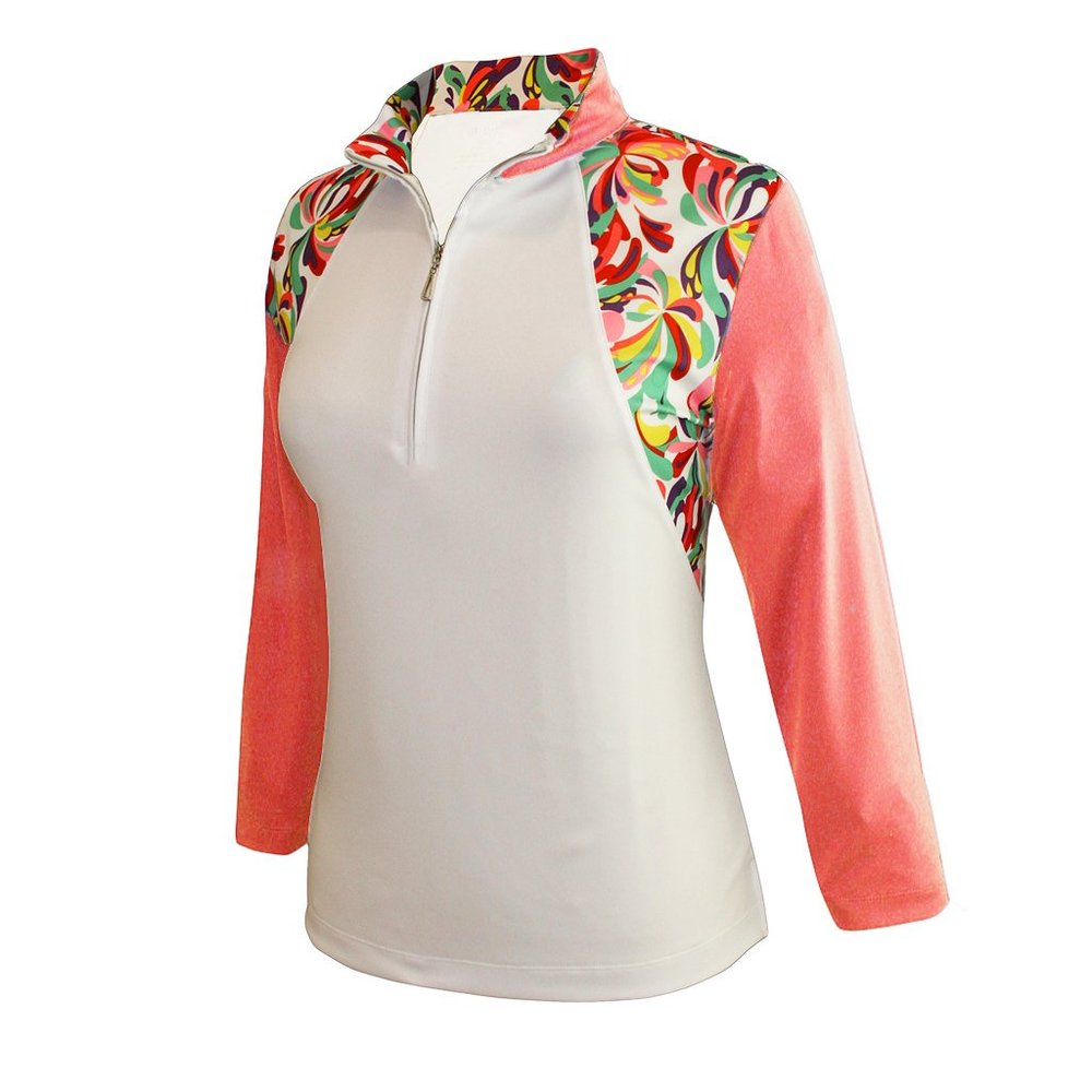 Monterey Club Women's Fountain Floral Print Block 3/4 Sleeve Zip Top #2347 (White/Peach Pink, Small)