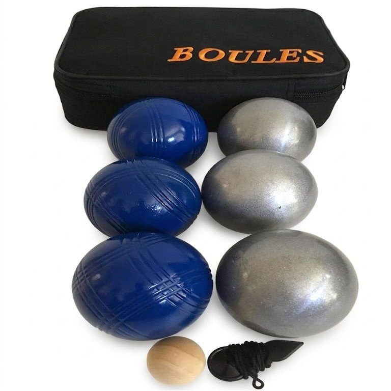 BuyBocceBalls Listing -73mm Metal Petanque and Boules 6 Ball Set with 3 Plain Grind Sand and 3 Blue Balls and Black Bag