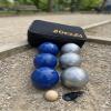 BuyBocceBalls Listing -73mm Metal Petanque and Boules 6 Ball Set with 3 Plain Grind Sand and 3 Blue Balls and Black Bag view 2
