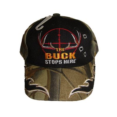 AES The Buck Stops Here Hunting Deer Black Face Camouflage Embroidered Cap Hat