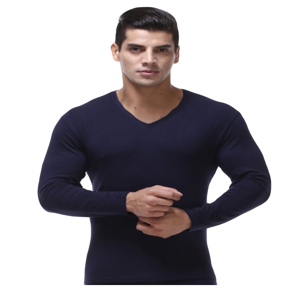 Legou Men's Solid V-Neck Slim Plus Elasticity Underwear Tops Dark Blue XXXL