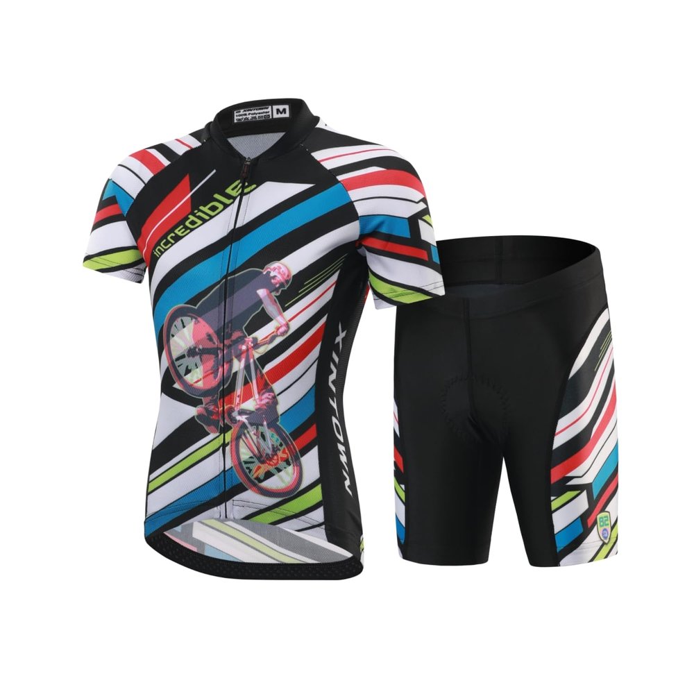 Kids Cycling Jersey Set Short Sleeve Cartoon Bike Jersey Set, (Short Sleeve Jersey + Padded Shorts)