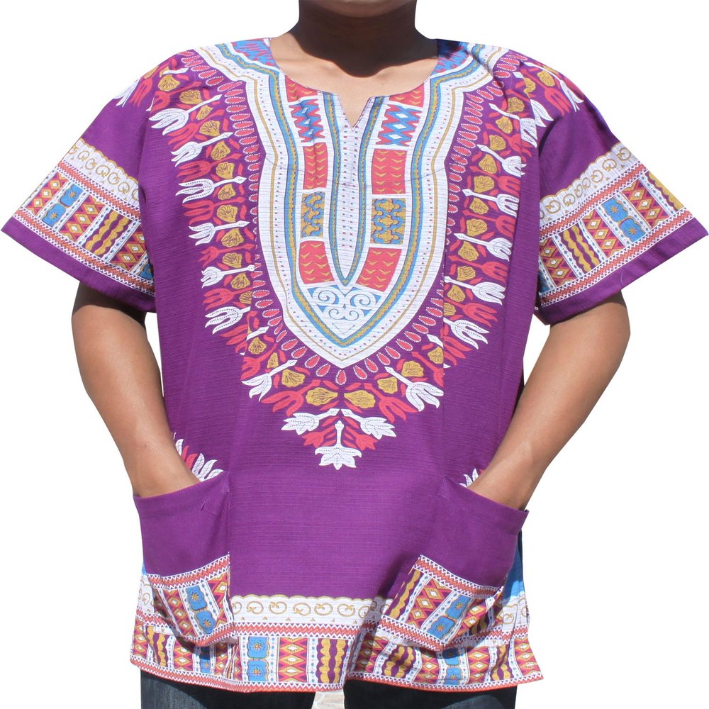 RaanPahMuang Thick Thread Chenamai Cotton Printed Afrikan Dashiki Boubou Shirt, X-Large, Purple