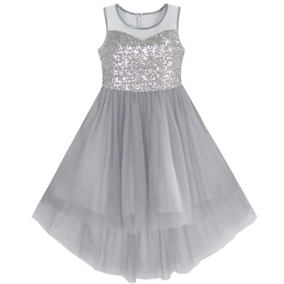KB11 Girls Dress Gray Sequined Tulle Hi-lo Wedding Party Dress Size 7