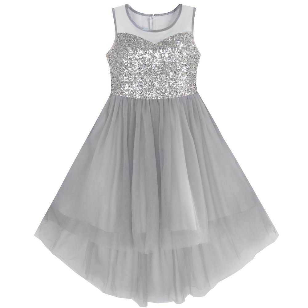 KB11 Girls Dress Gray Sequined Tulle Hi-lo Wedding Party Dress Size 7