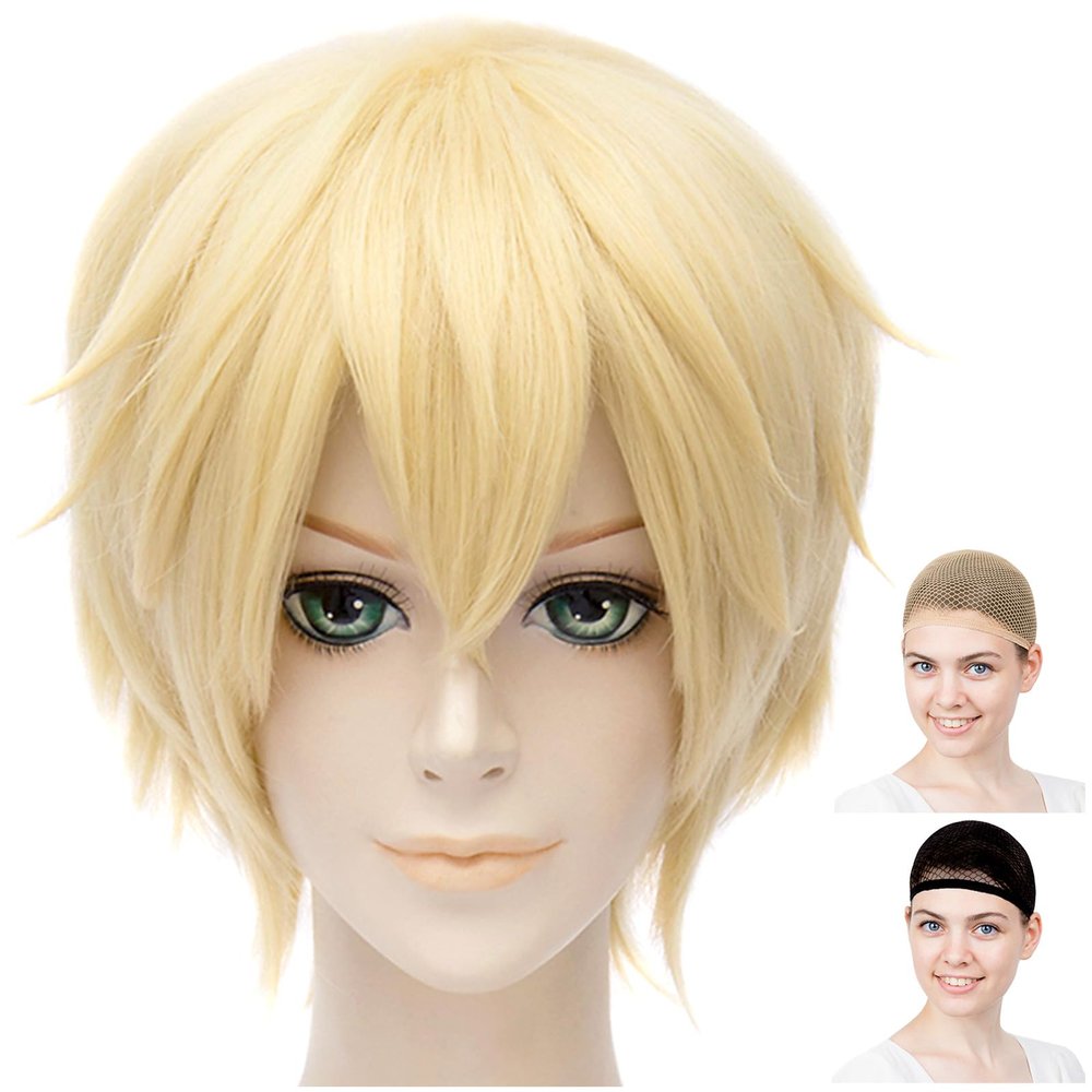 CaseEden Cosplay Wig Blonde Light Gold Short White Merce Wig Net Set of 2