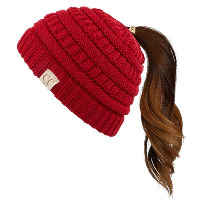 C.C Children Kids Beanie Chunky Thick Stretchy Knit Beanie Pony Tail Hat for Kid Ages 2-5 (MB-847-KIDS) (red)