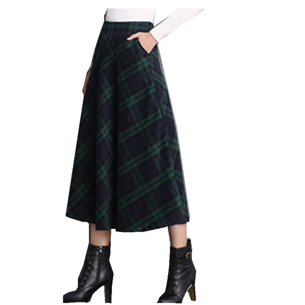 Taiduosheng Women's Wool Maxi Skirt A-Line Pleated Vintage Plaid Winter Swing Skirts Green M