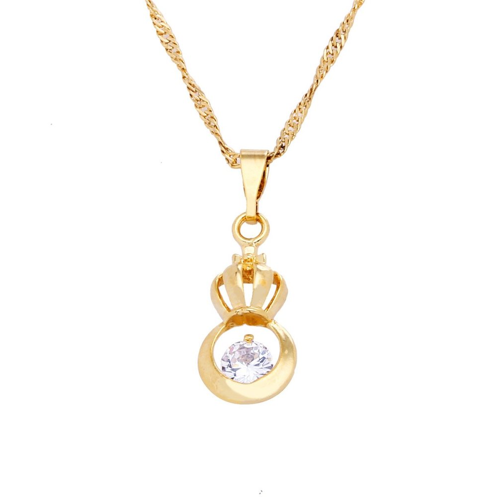 24K Gold Plated Cubic Zirconia Rhinestone Pricess Crown Pendant Necklace Jewelry