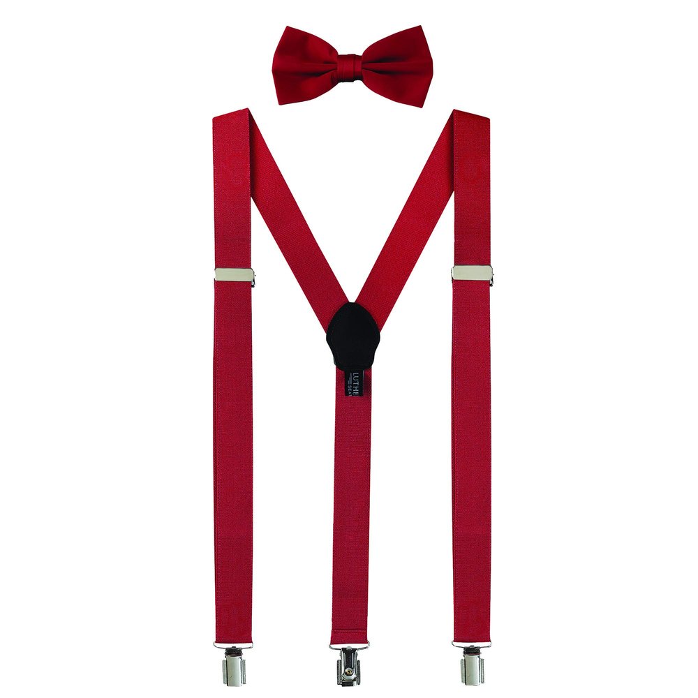LUTHER PIKE SEATTLE Mens Bow Tie and Suspenders Set  Adjustable Y-Back Suspenders for Tuxedo or Suit Pants  Classic Accessory for Wedding, Prom, Party or Daily Wear - Burgundy