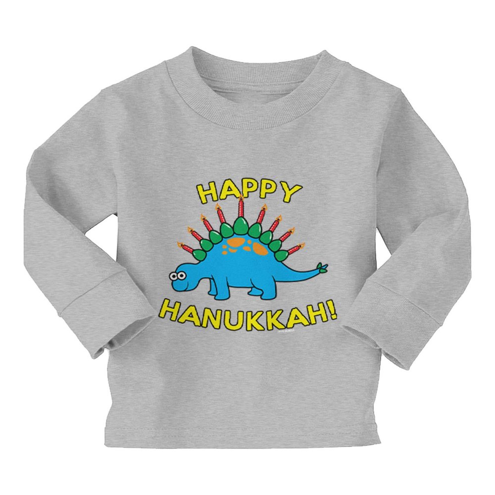 Haase Unlimited Happy Hanukkah - Dinosaur Menorah Long Sleeve Toddler Cotton Jersey Shirt (Light Gray, 2T)