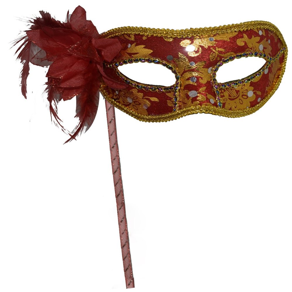AZYOUNG Woman's Christmas Halloween Black Purple Red White Feather Flower Plastic Masquerade Mask on Stick,(Red)