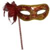 AZYOUNG Woman's Christmas Halloween Black Purple Red White Feather Flower Plastic Masquerade Mask on Stick,(Red) view 1