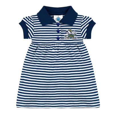 College Baby Striped Game Day Polo Dress with Bloomer - Notre Dame Fighting Irish Leprechaun Logo - Navy/White - 12 Months