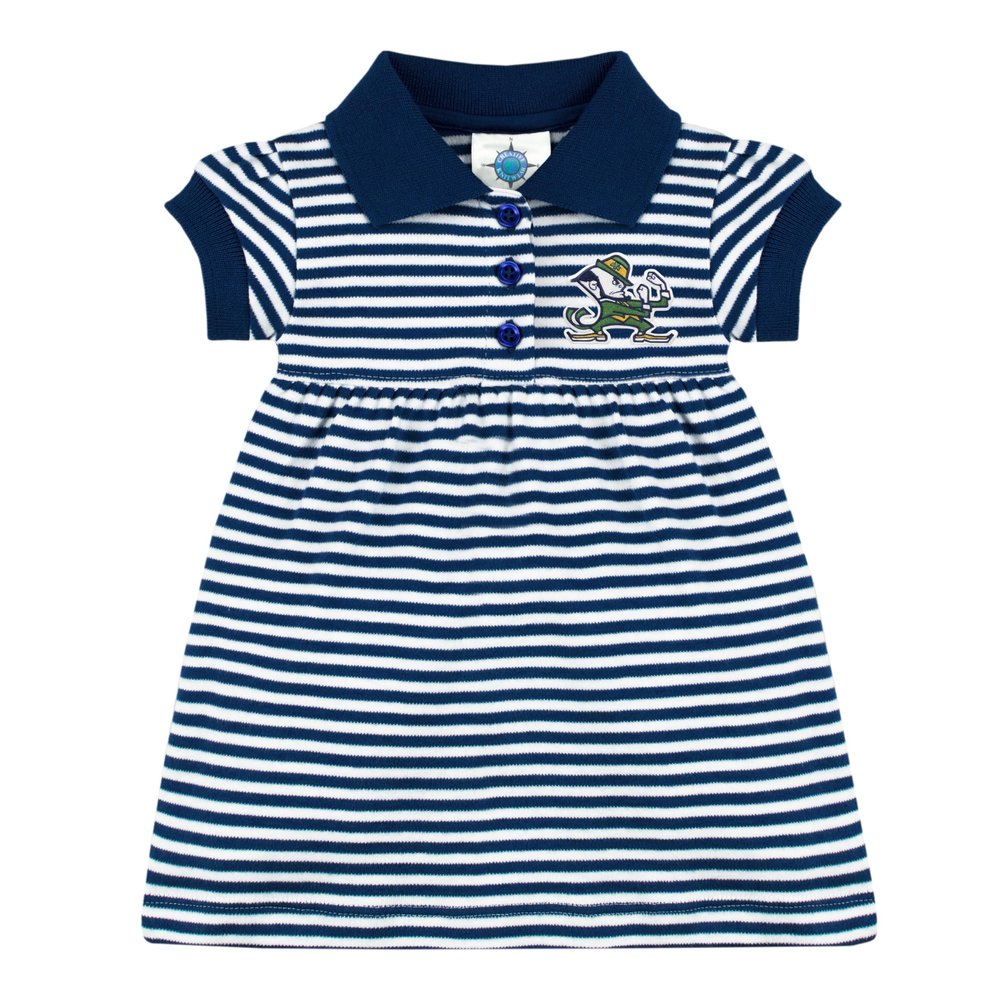 College Baby Striped Game Day Polo Dress with Bloomer - Notre Dame Fighting Irish Leprechaun Logo - Navy/White - 12 Months