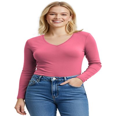 Emmalise Women's Casual Basic V-Neck Tshirt Long Sleeves Tee Top - Pink, L