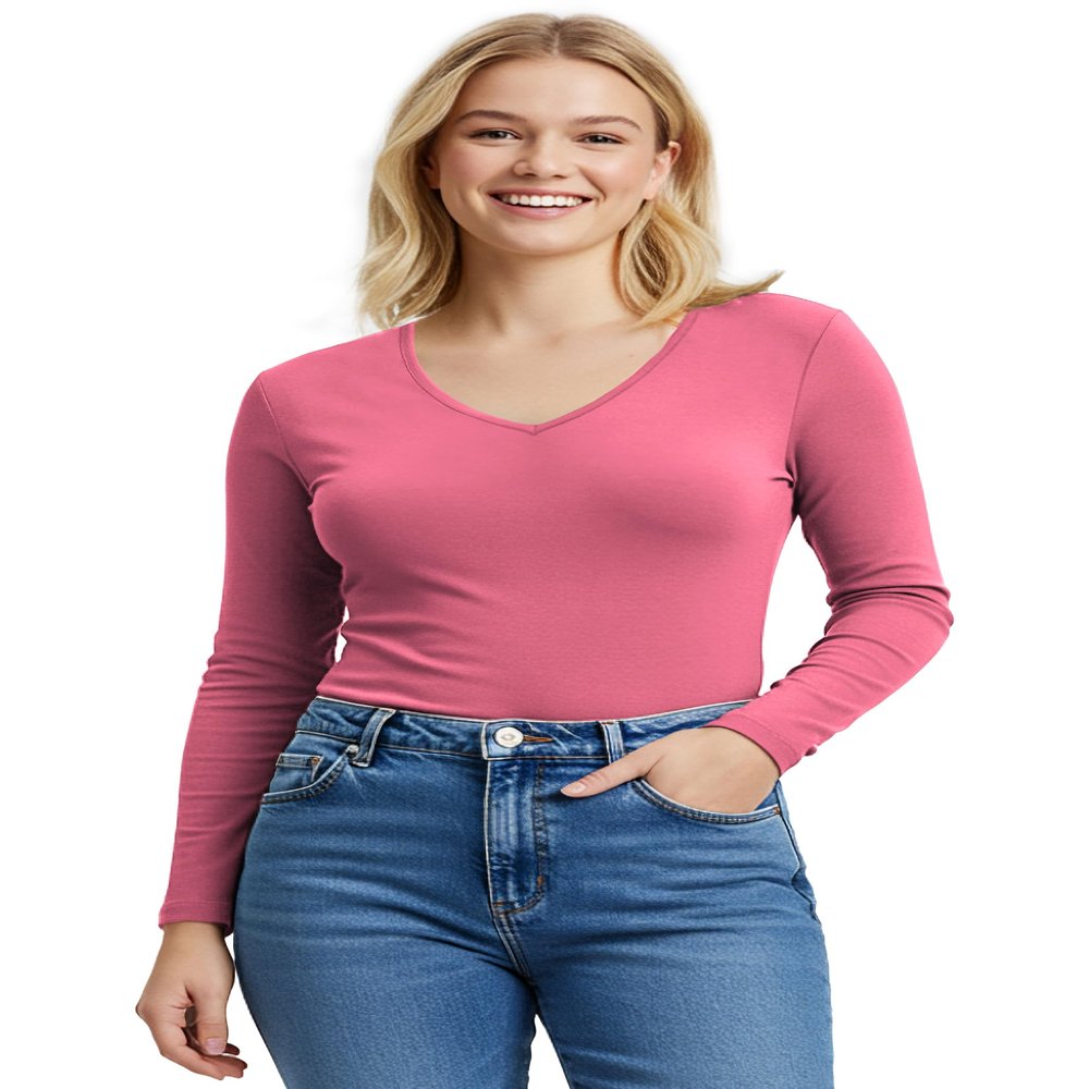 Emmalise Women's Casual Basic V-Neck Tshirt Long Sleeves Tee Top - Pink, L