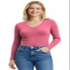 Emmalise Women's Casual Basic V-Neck Tshirt Long Sleeves Tee Top - Pink, L view 1