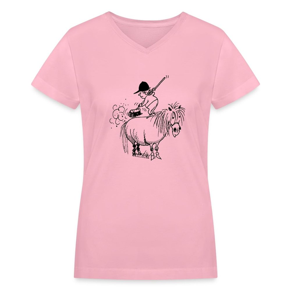 Spreadshirt Thelwell Rider Spring Cleaning Sweeping Horse Licensed Women's V-Neck T-Shirt, XL, Pink