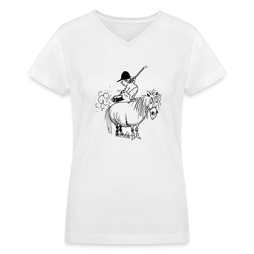 Spreadshirt Thelwell Rider Spring Cleaning Sweeping Horse Licensed Women's V-Neck T-Shirt, XL, White