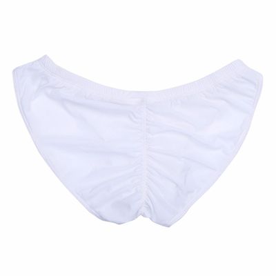 FEESHOW Men's Silky Bikini Briefs Bulge Pouch Underwear Swimwear Ruched Back White one Size