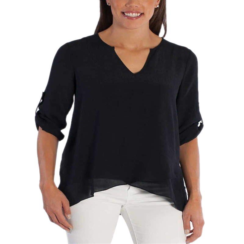 Fever Ladies Roll Tab Blouse (Small, Black)