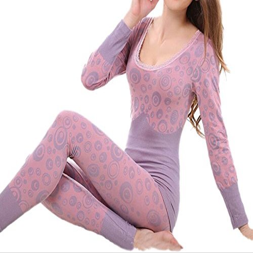 JJ-GOGO Women Winter Lace Neck Thermal Underwear Sets (Pink)