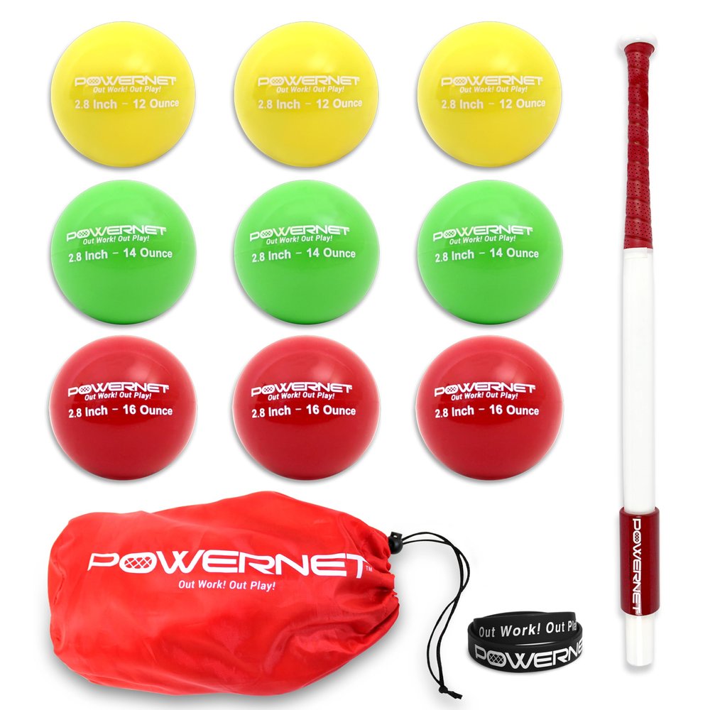 PowerNet Sweet Spot Training Bat + 2.8" Progressive Baseball Training Balls for Hitting & Pitching, LITE 9 Pack Weighted Balls & 27" Weighted Bat (24 oz), Improve Hand-Eye Coordination and Power