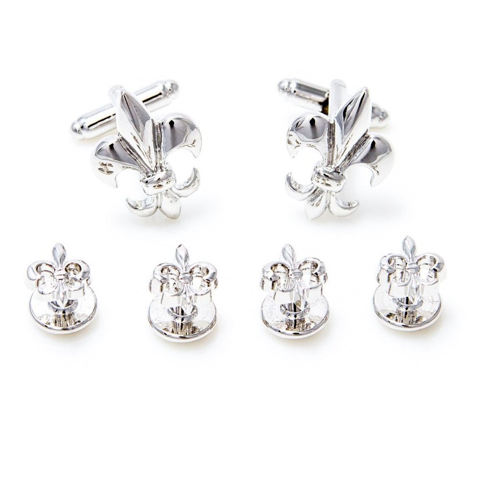 MRCUFF Fleur De Lis Pair Tuxedo Cufflinks and Studs Set in a Presentation Gift Box & Polishing Cloth (Fleur studs)