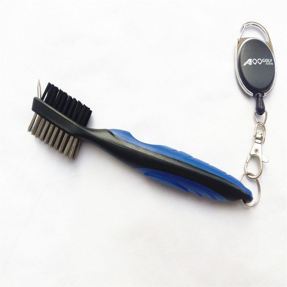 A99Golf Brush and Club Groove Cleaner - Easily Attaches to Golf Bag - Deep Clean Iron Grooves - Cleaning Club Face - Bag Clip & Retractable Extension Cord(Black/red) (Black/Blue)