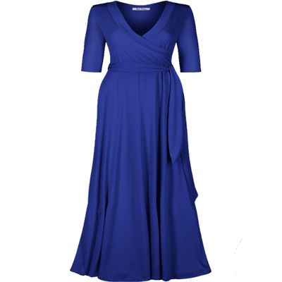 Bon Rosy Women's 3/4 Sleeve V-Neck Solid Maxi Wrap Dress Royal Blue M
