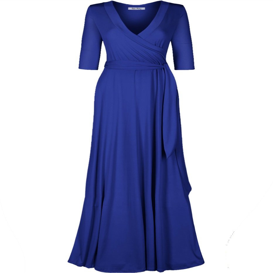 Bon Rosy Women's 3/4 Sleeve V-Neck Solid Maxi Wrap Dress Royal Blue M