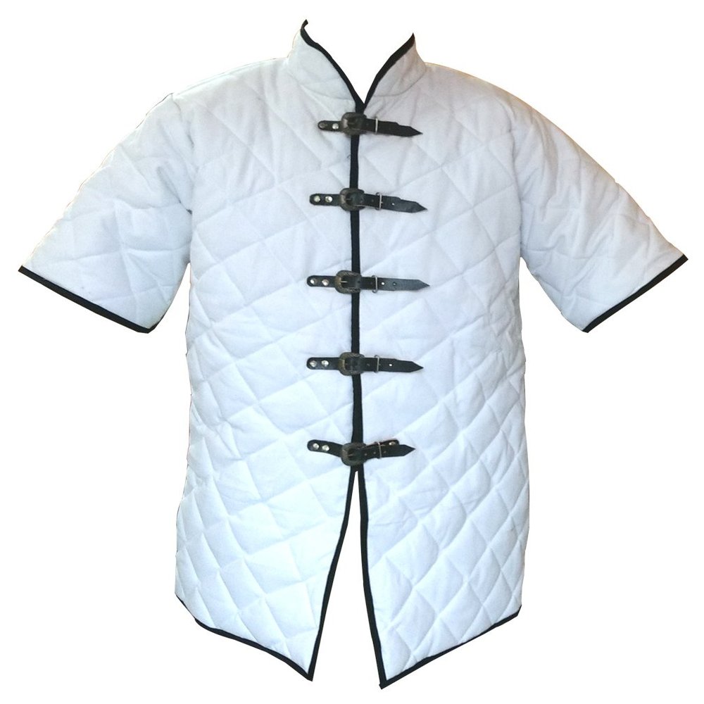 Allbeststuff Thick Gambeson Medieval Padded Collar Short Sleeve Armor 5 Buckle ABS (White, 49)