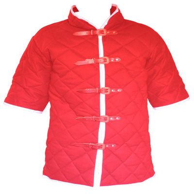 Allbeststuff Thick Gambeson Medieval Padded Collar Short Sleeve Armor 5 Buckle ABS (RED, 44)
