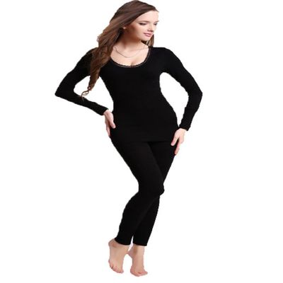 JJ-GOGO Women Winter Lace Neck Thermal Underwear Sets (Black)