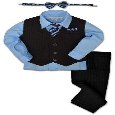 Johnnie Lene JL40 Pinstripe Boys Formal Dresswear Vest Set (4T, Black/Sky Blue)