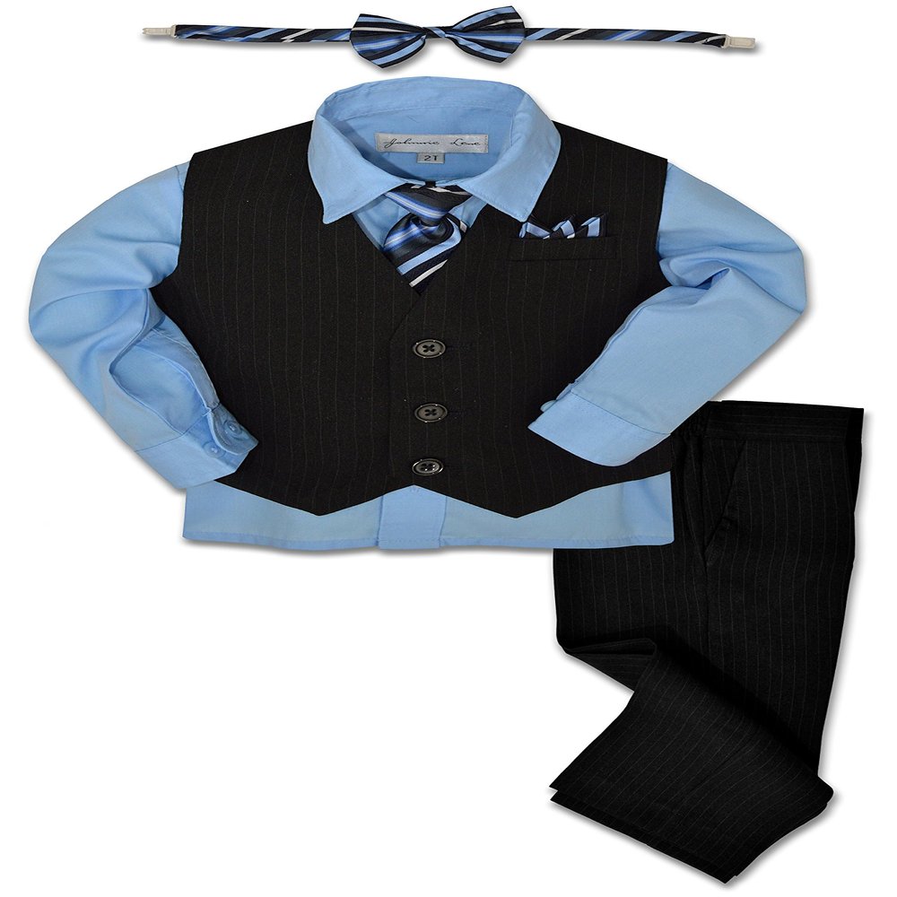 Johnnie Lene JL40 Pinstripe Boys Formal Dresswear Vest Set (4T, Black/Sky Blue)