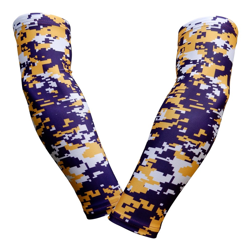 Sports Farm PAIR Compression Elbow Arm Sleeves (YOUTH LARGE, PURPLE YELLOW DIGI CAMO)