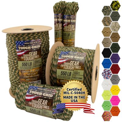 TOUGH-GRID 550 Paracord Rope Nylon Parachute Cord, Made in USA Survival Kit, Outdoor Adventures, Camping, Tactical Gear & Emergency Supplies, Military Type III Mil-Spec