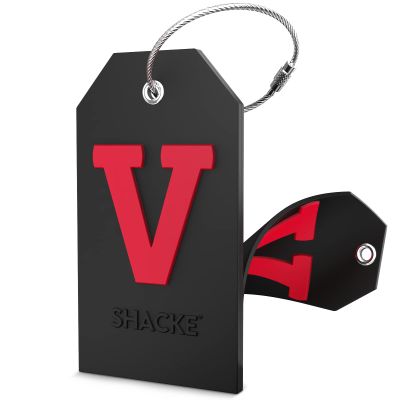 Shacke Initial Luggage Tag with Full Privacy Cover and Stainless Steel Loop - Black (Letter V)