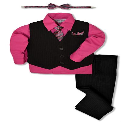 Johnnie Lene JL40 Pinstripe Boys Formal Dresswear Vest Set (3T, Black/Fuchsia)
