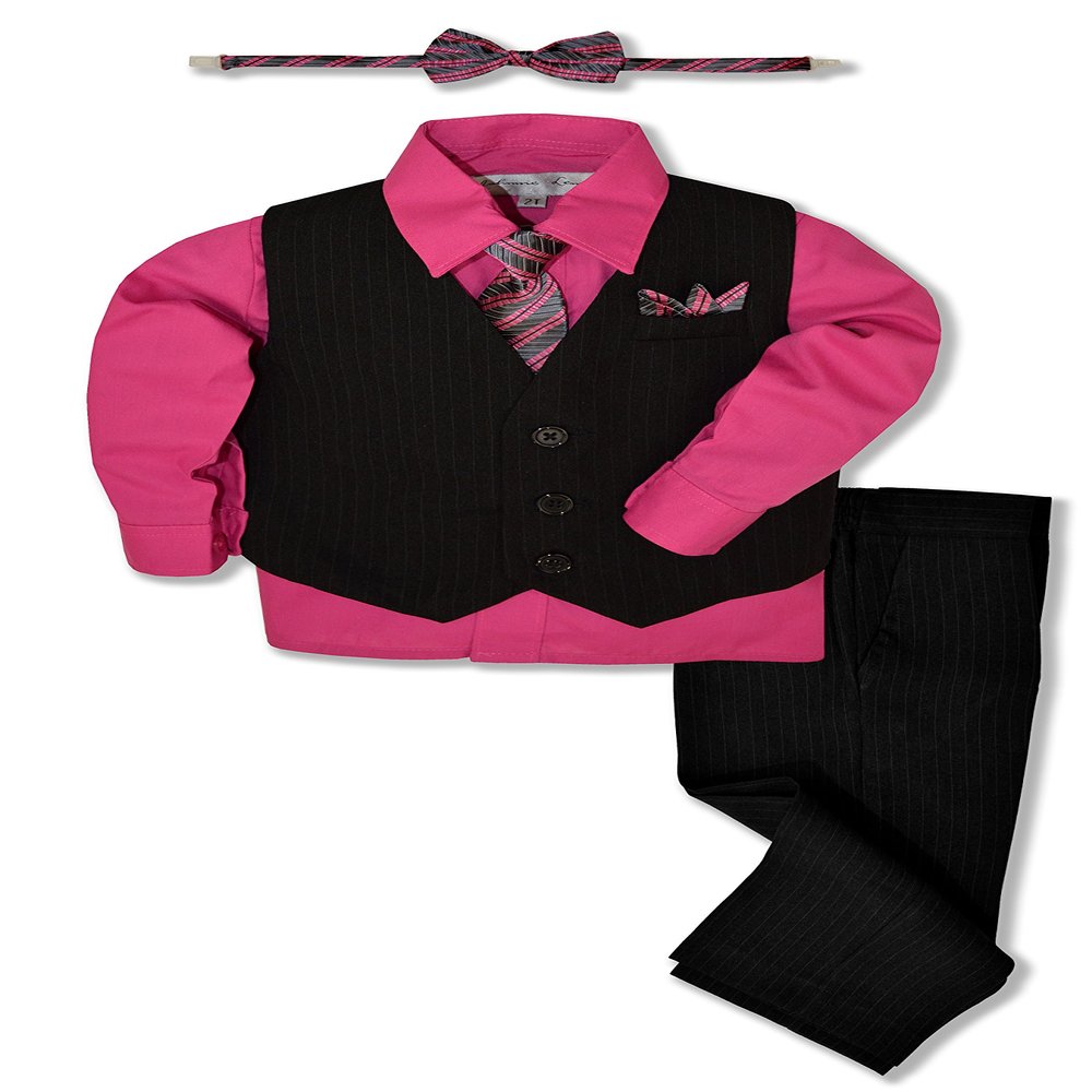 Johnnie Lene JL40 Pinstripe Boys Formal Dresswear Vest Set (3T, Black/Fuchsia)
