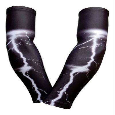 Sports Farm PAIR Compression Elbow Arm Sleeves (YOUTH MEDIUM, BLACK WHITE LIGHTNING STORM)
