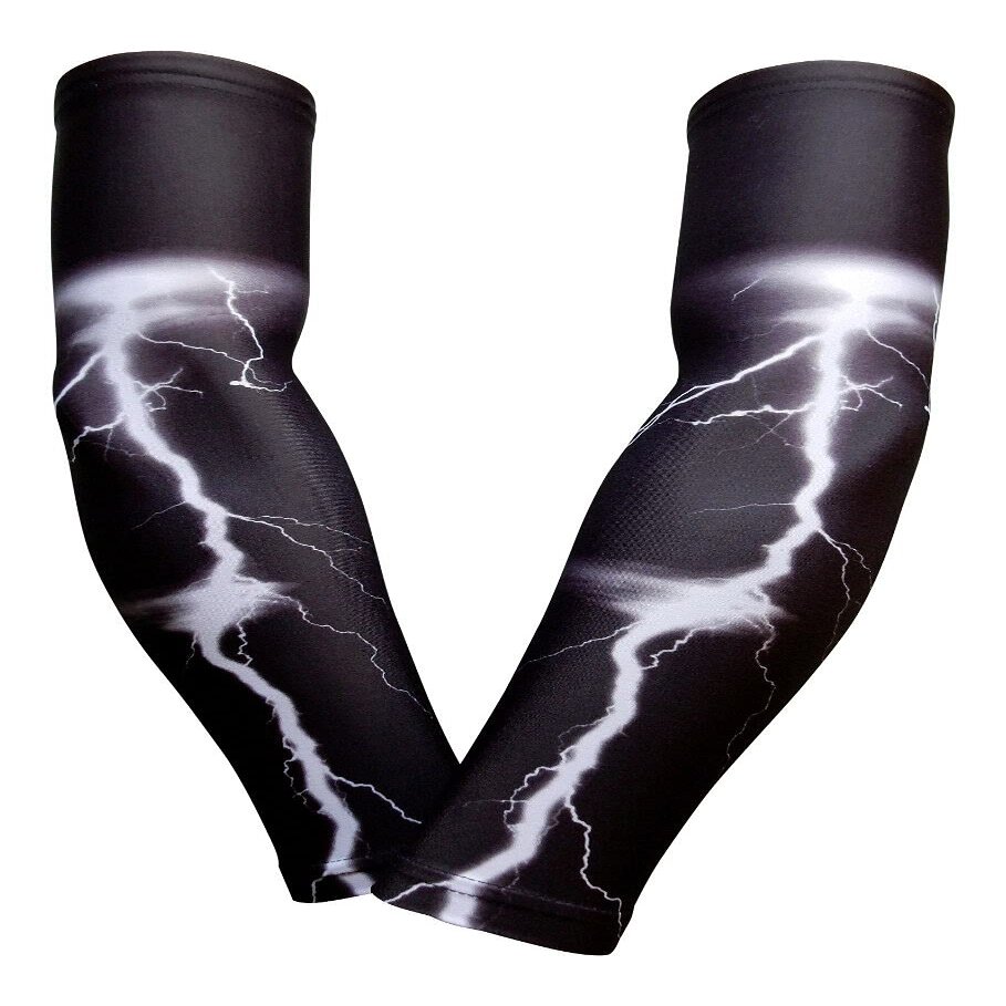 Sports Farm PAIR Compression Elbow Arm Sleeves (YOUTH MEDIUM, BLACK WHITE LIGHTNING STORM)
