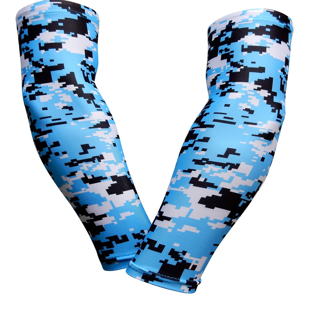 Sports Farm PAIR Compression Elbow Arm Sleeves (ADULT MEDIUM, LIGHT BLUE BLACK DIGI CAMO)