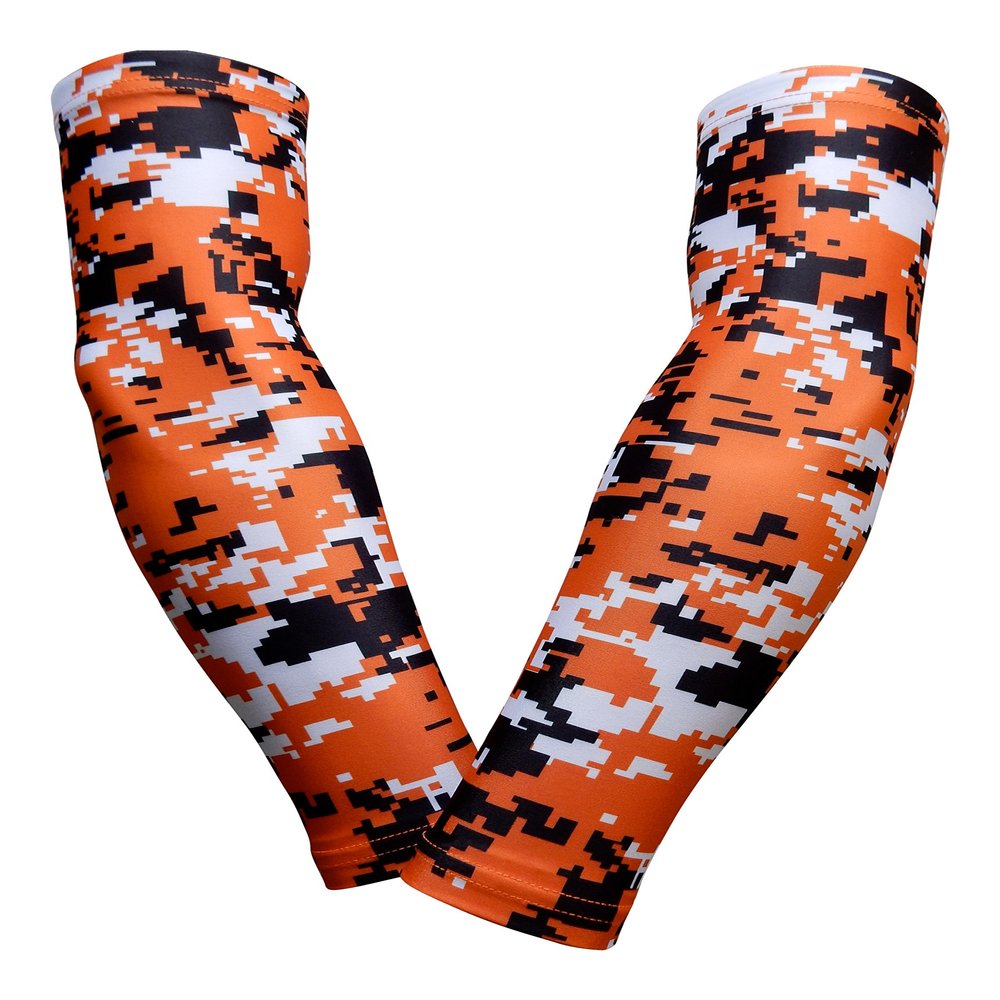 Sports Farm PAIR Compression Elbow Arm Sleeves (ADULT SMALL, ORANGE BLACK DIGI CAMO)