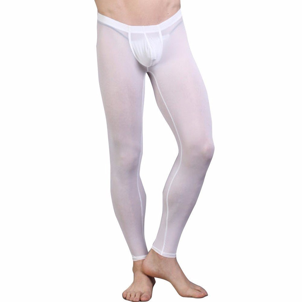 iEFiEL Mens Ice Silk Bulge Support Sleep Bottom Lounge Pants Home Meditation Tights White M